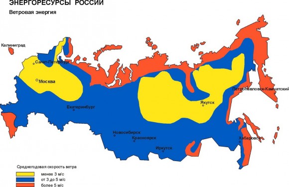 Карта среднегодовой скорости ветра по России